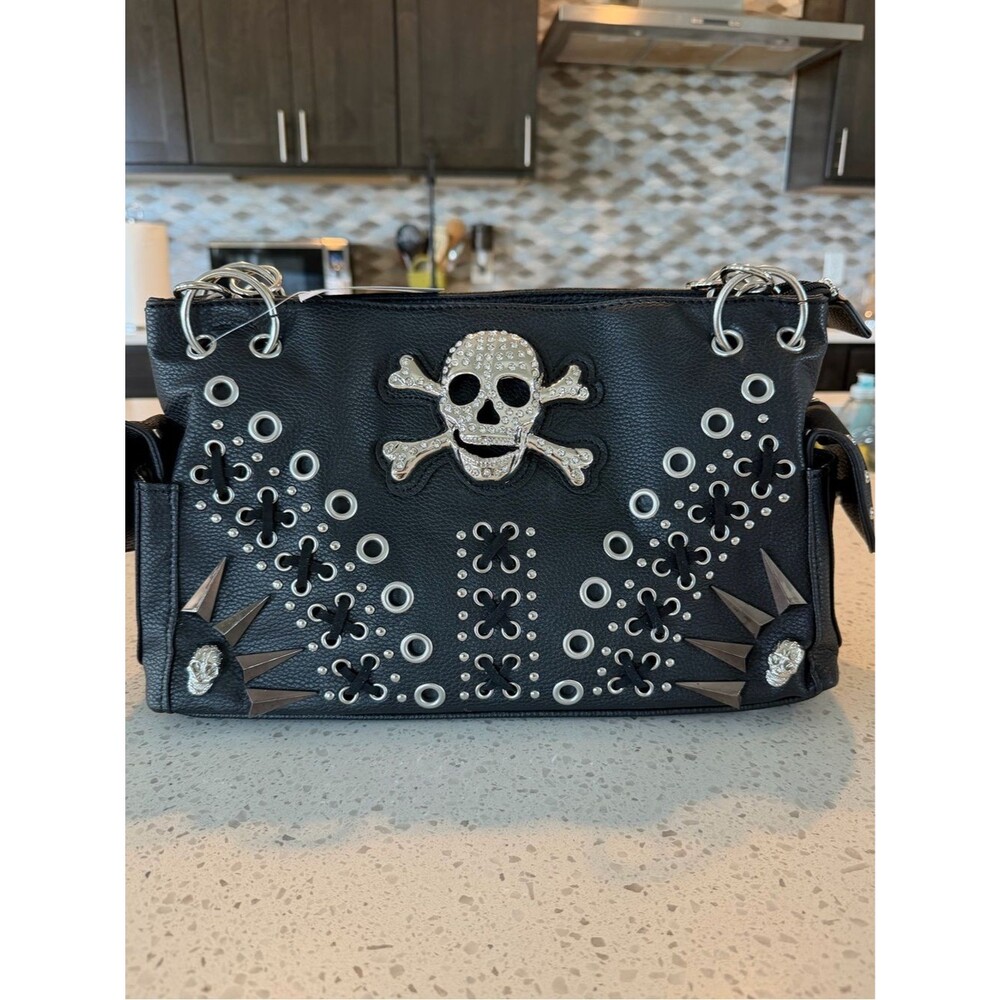 Gothic Skull Crossbones Studded Handbag Black Punk Rock Biker Purse Faux Leather